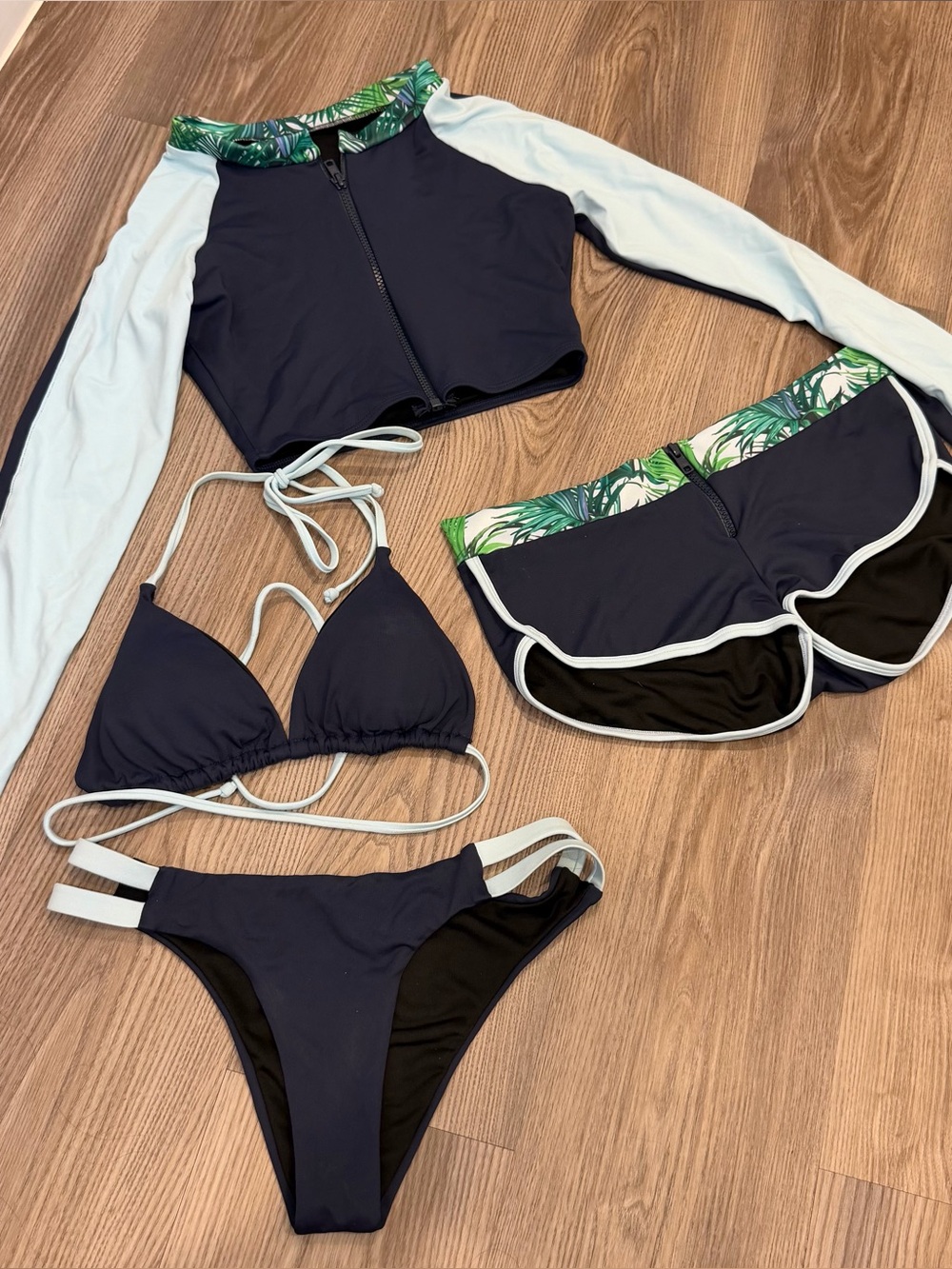 Fashion Nova Navy & Light Blue 3-Piece Swim Set with Green Tropical Trim